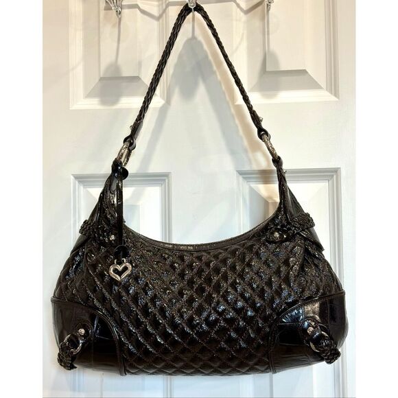 BRIGHTON - Quilted Black Patent Leather Hobo Shoulder Bag. Beautiful Condition! - Picture 1 of 15